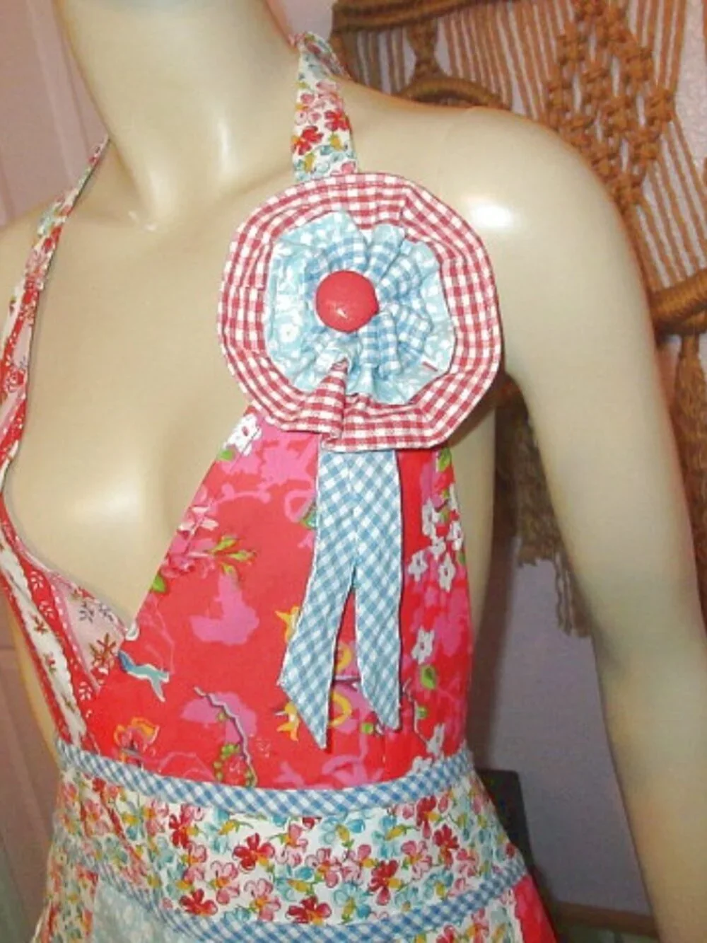 Vtg Coquette Tradwife Pinafore Apron Dress Tie Back Halter Pockets Cottagecore